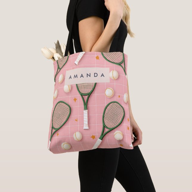 Tote Bag Monogramme Personnalisé Retro Tennis Racket Motif (De près)