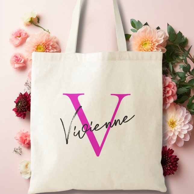 Tote Bag Monogramme personnalisé rose élégant moderne (Modern Elegant Pink Personalized Monogram Tote Bag)