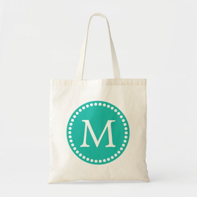 Tote Bag Monogramme personnalisé turquoise et blanc (Devant)