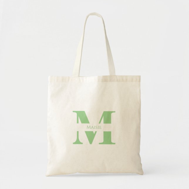 Tote Bag Monogramme Personnalisé Vert Sauge Élégant Moderne (Devant)