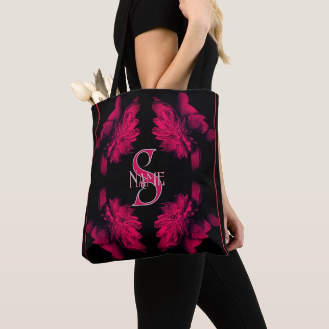 Tote Bag Monogramme personnalisé Votre initiale Nom Art flo (De près)