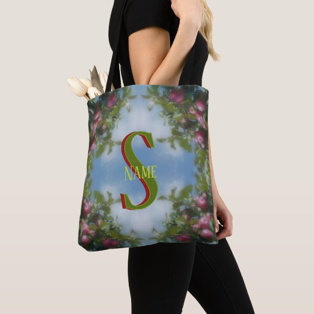 Tote Bag Monogramme personnalisé Votre initiale Nom Pommes  (De près)