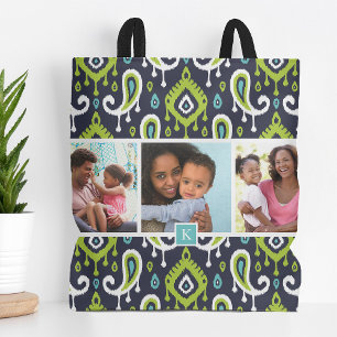 Tote Bag Monogramme photo de la famille Ikat Paisley Marine