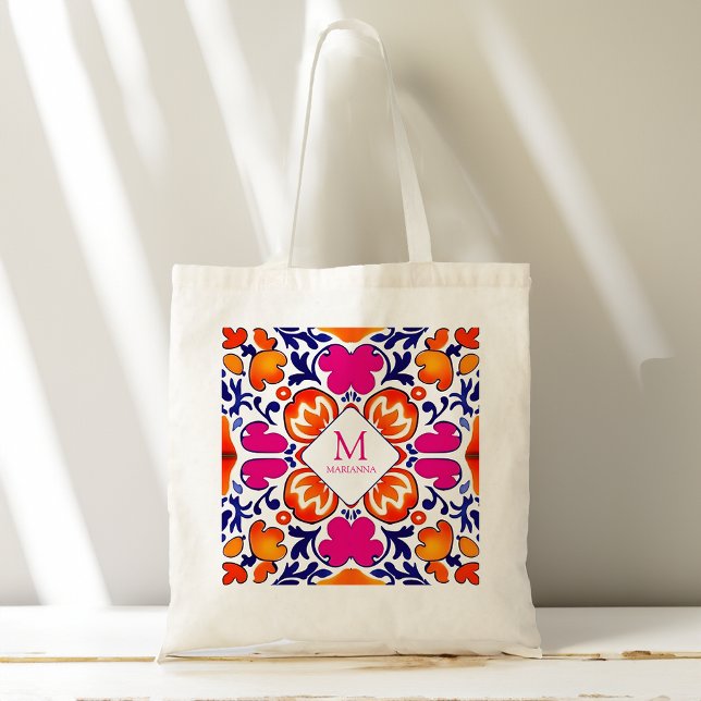 Tote Bag Monogramme Pink orange bleu fête de mariée faveurs (Monogram Pink orange blue bridal party favors Tote Bag)