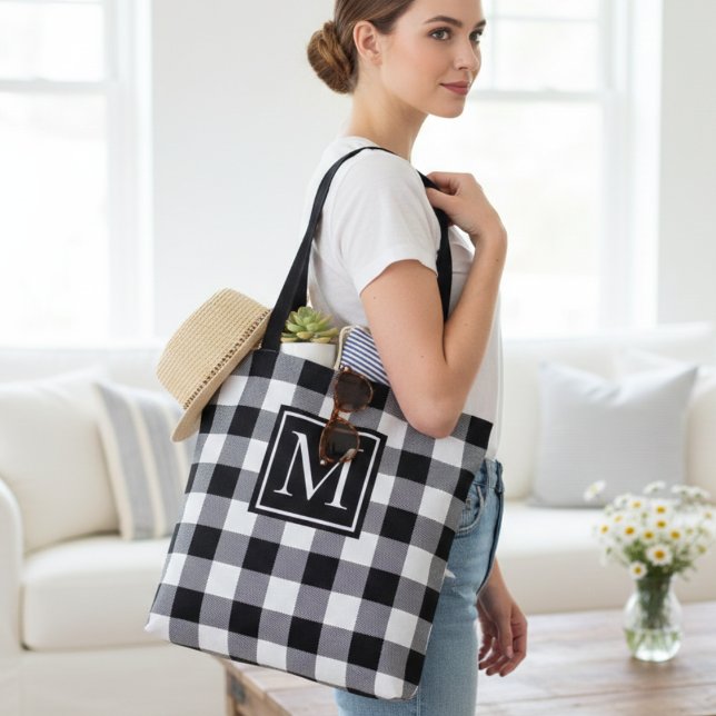 Tote Bag Monogramme plaqué de buffle noir et blanc personna (Black and White Buffalo Plaid Monogram Custom Tote Bag)