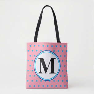 Tote Bag Monogramme Pois géométriques rose bleu