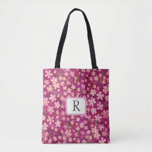Tote Bag Monogramme pour son rose floral et Rose
