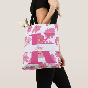 Tote Bag Monogramme Premier Pois Rose Fleurs Aquarelles
