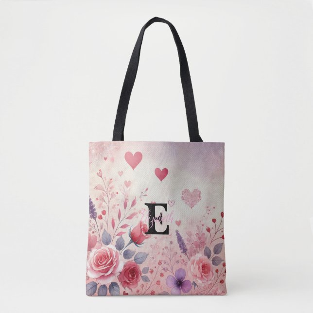 Tote Bag Monogramme prénom coeurs de la Saint-Valentin aqua (Devant)