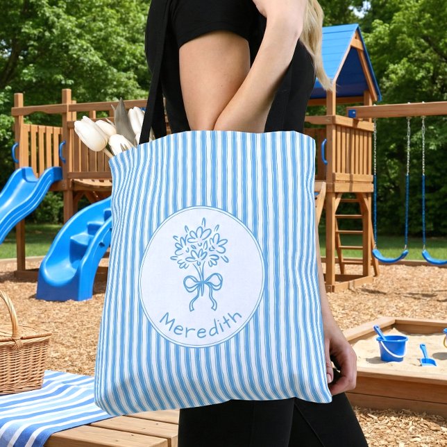 Tote Bag Monogramme Prépa Rayure Bleue Blanche Fantaisiste (Créateur téléchargé)