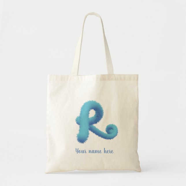 Tote Bag monogramme R en velours bleu deux tons & initial (Devant)