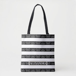 Tote Bag Monogramme rayé noir blanc