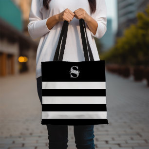 Tote Bag Monogramme rayé noir et blanc Nom initial