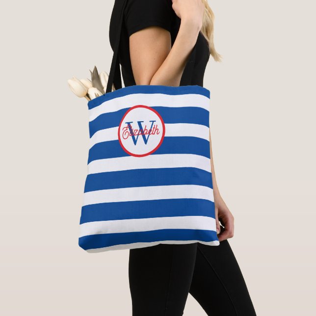 Tote Bag Monogramme Rayures Bleu Nautique et Blanc (De près)