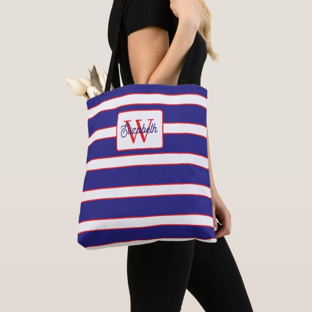 Tote Bag Monogramme rayures navy bleu rouge et blanc Prépa (De près)