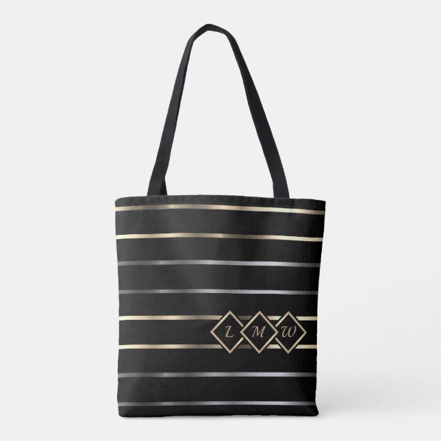 Tote Bag Monogramme - Rayures noires, dorées, argentées (Dos)