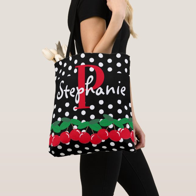 Tote Bag Monogramme Red Cherries White Pois Retro (De près)