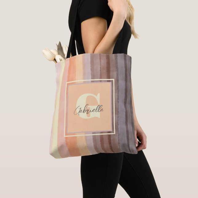 Tote Bag Monogramme rétro coucher de soleil rayure boho aqu (De près)