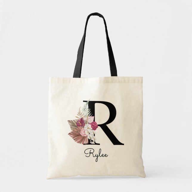 Tote Bag Monogramme Rose Bohème Féminin Floral Initiale R (Devant)