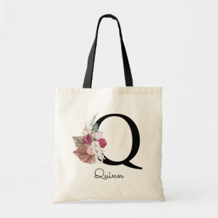 Tote Bag Monogramme Rose Boho Floral Initial Q