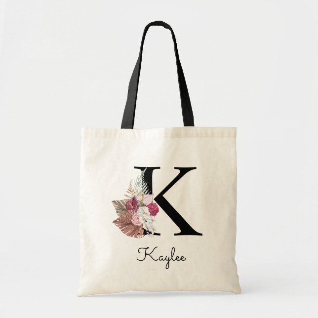 Tote Bag Monogramme Rose Boho Girl Floral Initial K (Devant)