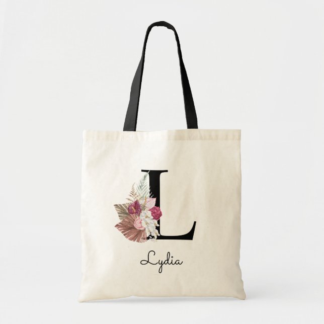 Tote Bag Monogramme Rose Boho Girl Floral Initial L (Devant)