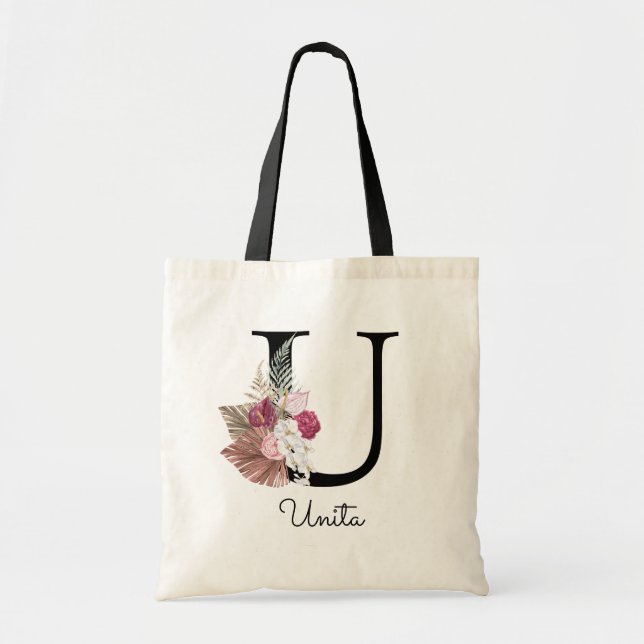 Tote Bag Monogramme Rose Boho Girl Floral U initial (Devant)