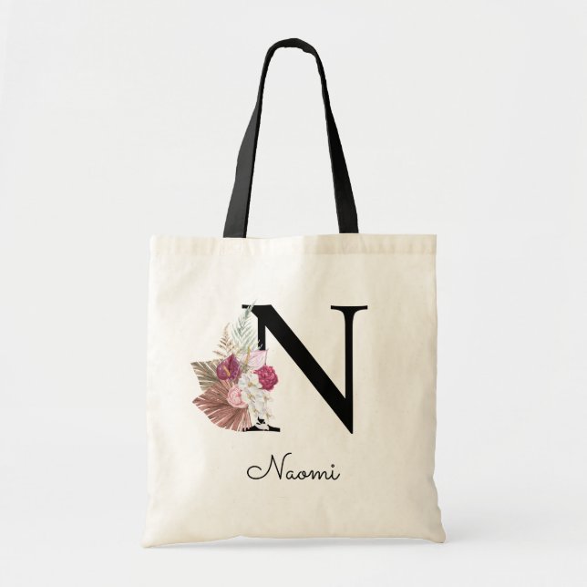Tote Bag Monogramme rose boho girly floral initial N (Devant)