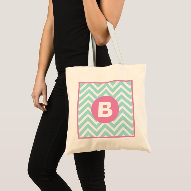 Tote Bag Monogramme rose chevron bleu clair tendance (Devant (produit))