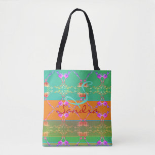 Tote Bag Monogramme Rose Coeur Apricot turquoise et mousse