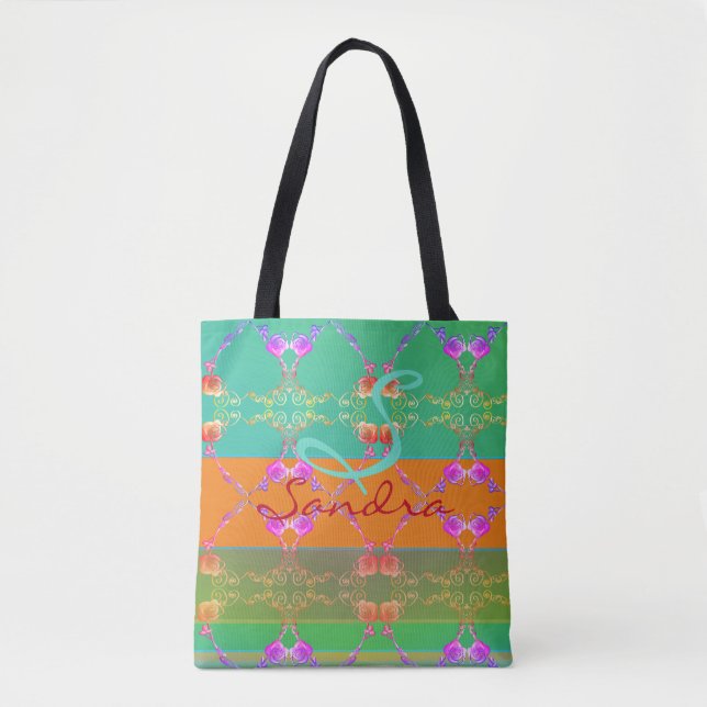 Tote Bag Monogramme Rose Coeur Apricot turquoise et mousse (Devant)