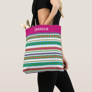 Tote Bag Monogramme rose de la tribu Boho Aztec moderne Nom
