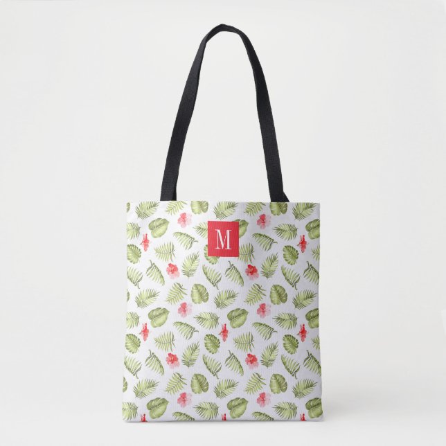Tote Bag Monogramme Rose Élégant Feuilles de Palmier Vertes (Devant)