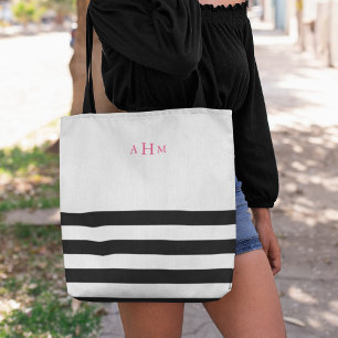 Tote Bag Monogramme rose en bande noire et blanche