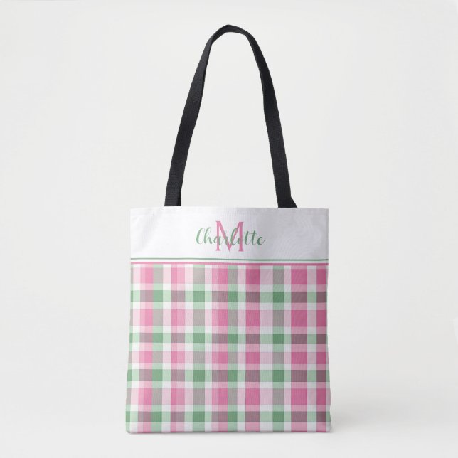 Tote Bag Monogramme rose et vert preppy (Devant)