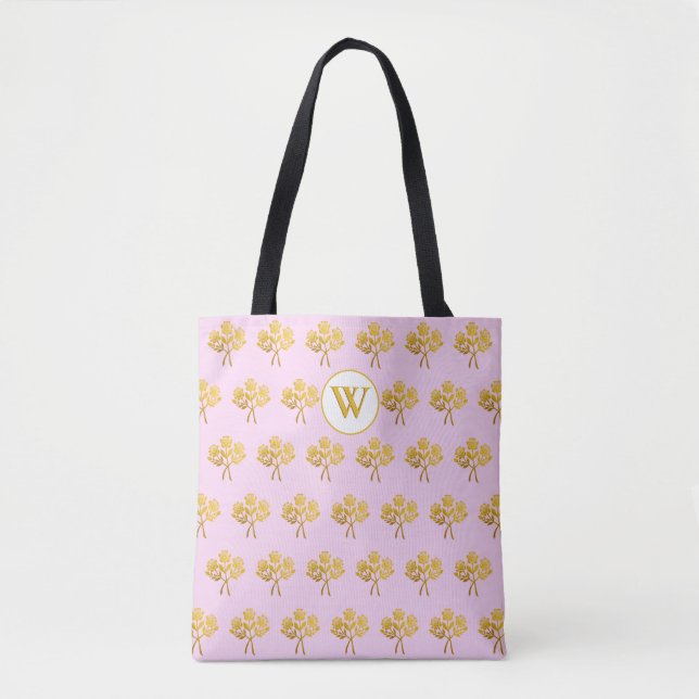 Tote Bag Monogramme rose Faux or Rose Floral (Devant)