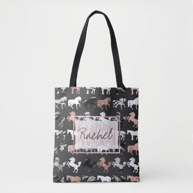 Tote Bag Monogramme Rose Gold Black Marbre Blanc moderne Ho (Devant)