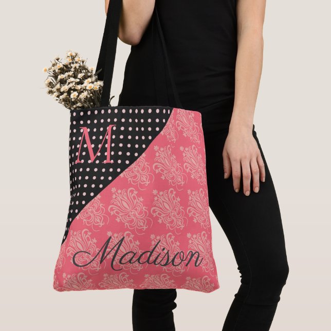 Tote Bag Monogramme rose noir Damas Pots tendance Nom de fi (De près)
