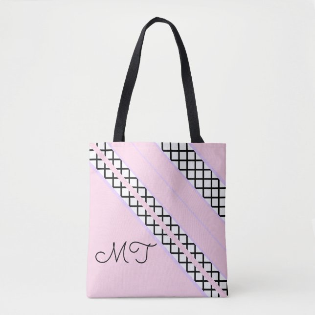 Tote Bag Monogramme rose pâle et rayures de lavande (Devant)