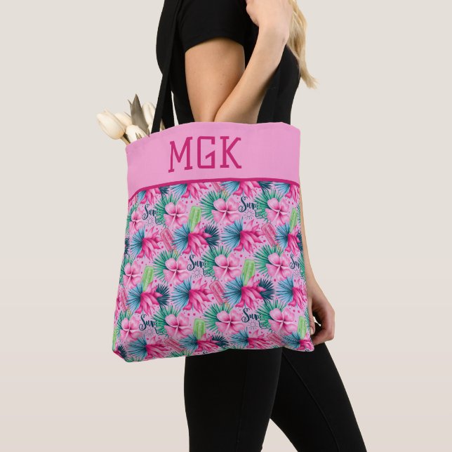 Tote Bag Monogramme Rose Vert Bleu Floral Bright Tropical   (De près)