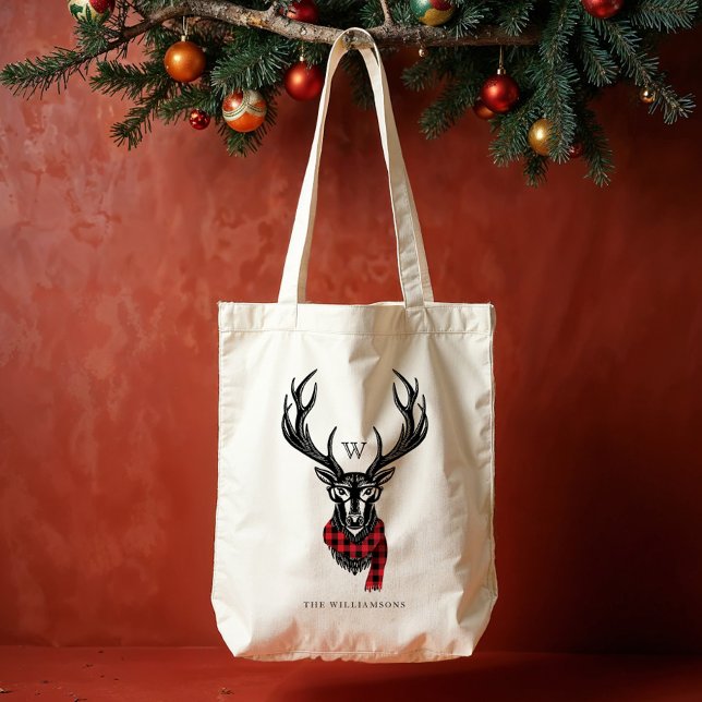 Tote Bag Monogramme | rouge confortable et chaud de renne (Cozy & Warm | Red Buffalo Plaid Reindeer Monogram Tote Bag)