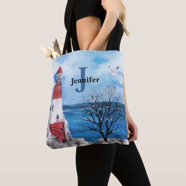 Tote Bag Monogramme Rouge et Bleu Phare Aquarelle Art (De près)