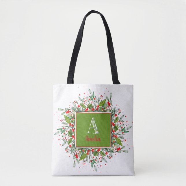 Tote Bag Monogramme Rouge Noël élégante (Devant)