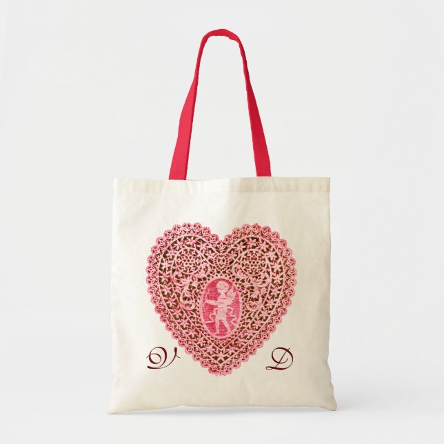 TOTE BAG MONOGRAMME ROUGE-ROSE DE COEUR DE DENTELLE DE (Devant)