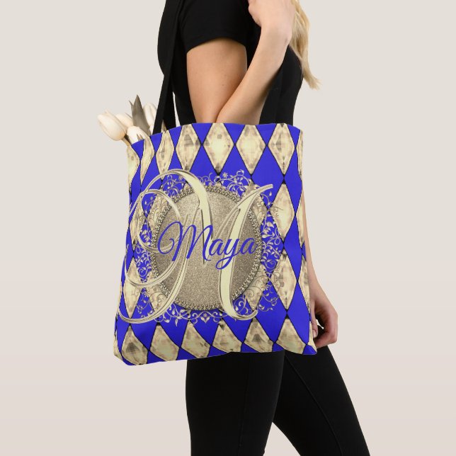 Tote Bag Monogramme Royal Blue et Gold Glam (De près)