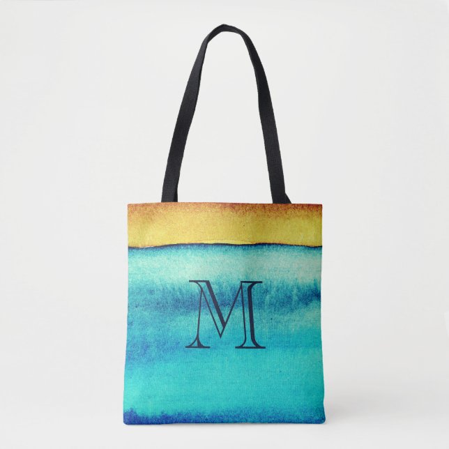 Tote Bag Monogramme rustique bleu et or (Devant)