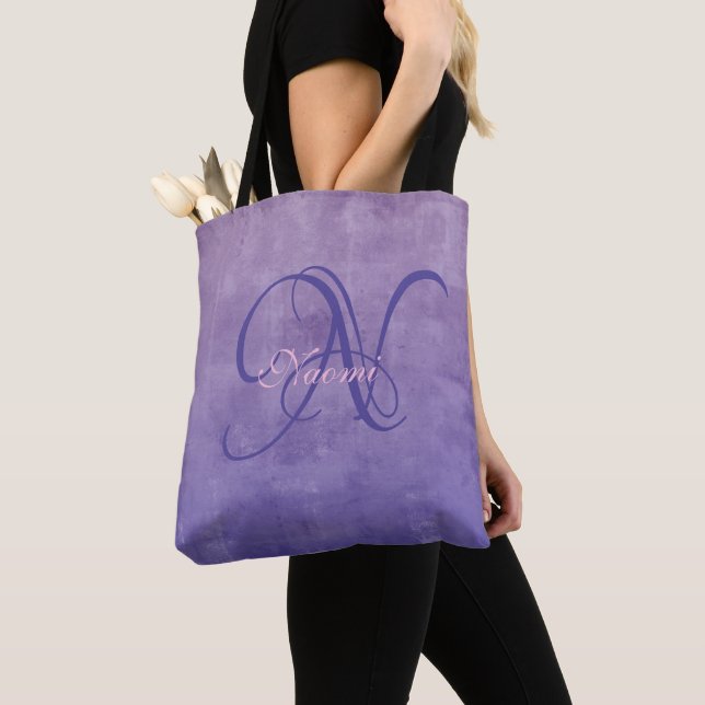 Tote Bag Monogramme rustique élégant gris violet bleu (De près)