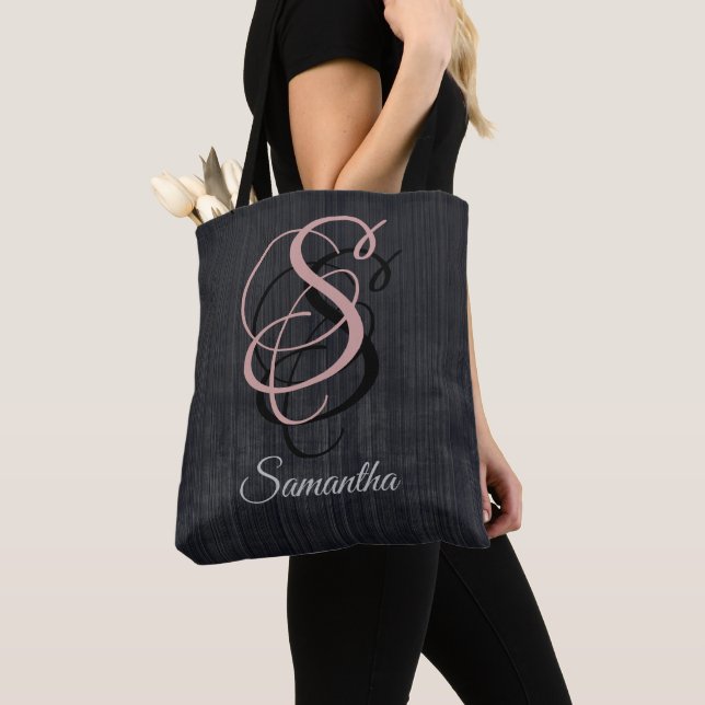 Tote Bag monogramme rustique rayé gris noir (De près)