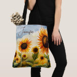 Tote Bag Monogramme Rustique Whimsical Watercolor<br><div class="desc">Ce design comprend un champ d'aquarelle rempli de beaux tournesols. Personnalisez-le avec un nom. Fête des Mères ou cadeau d'anniversaire. Créé par Simply Farmhouse Press.</div>