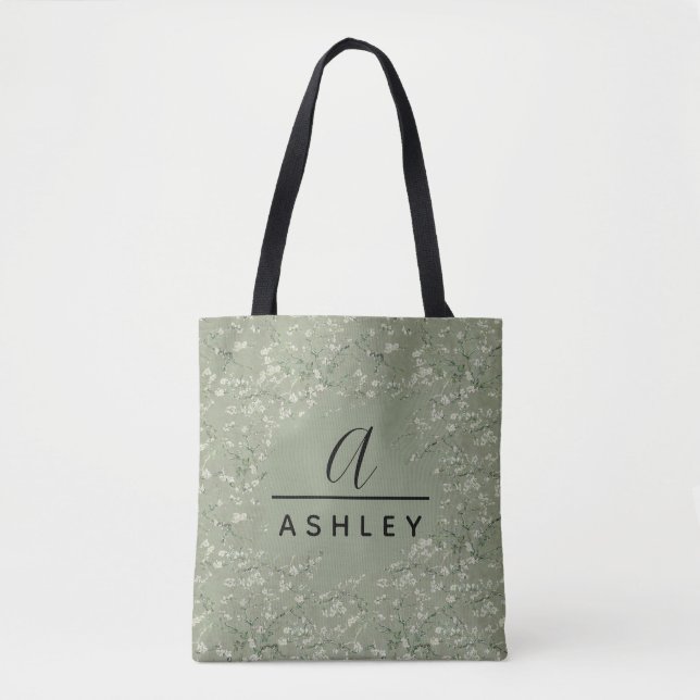 Tote Bag Monogramme Sage Vert Fleur de Cerisier de Van Gogh (Devant)